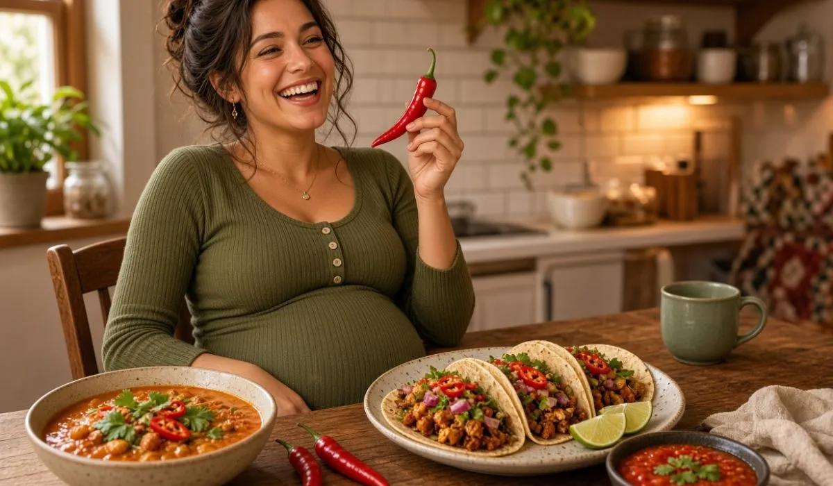 Spicy cravings in pregnancy with a pregnant woman enjoying spicy food