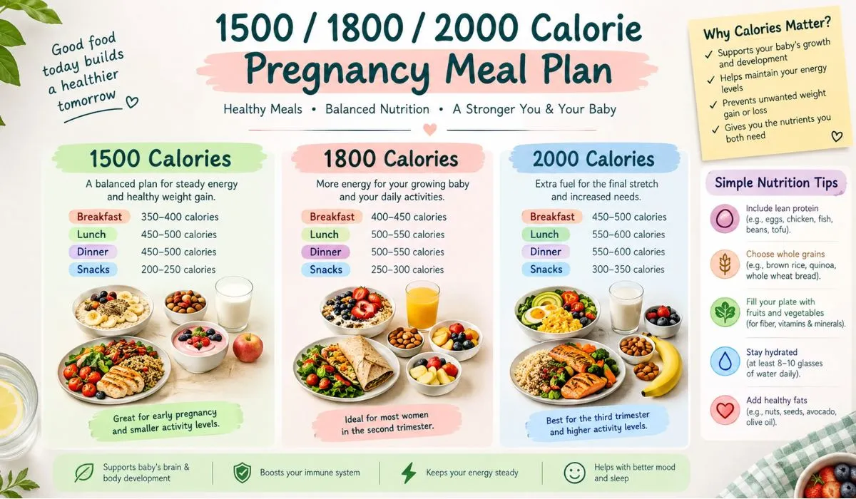 1500, 1800, and 2000 calorie pregnancy meal plan with balanced meals and healthy food ideas