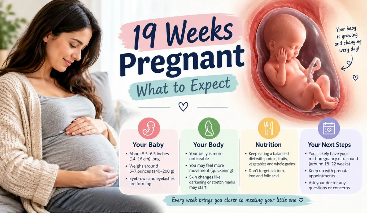 19 weeks pregnant what to expect, including baby development, body changes, nutrition, and pregnancy tips