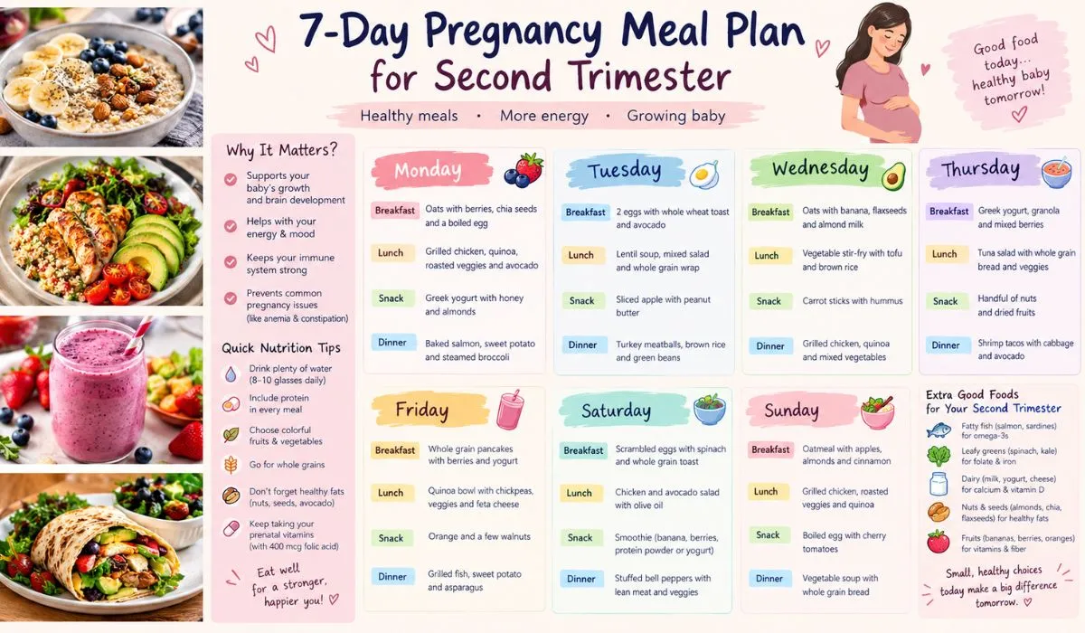 7 day pregnancy meal plan for the second trimester with healthy meals and nutritious foods