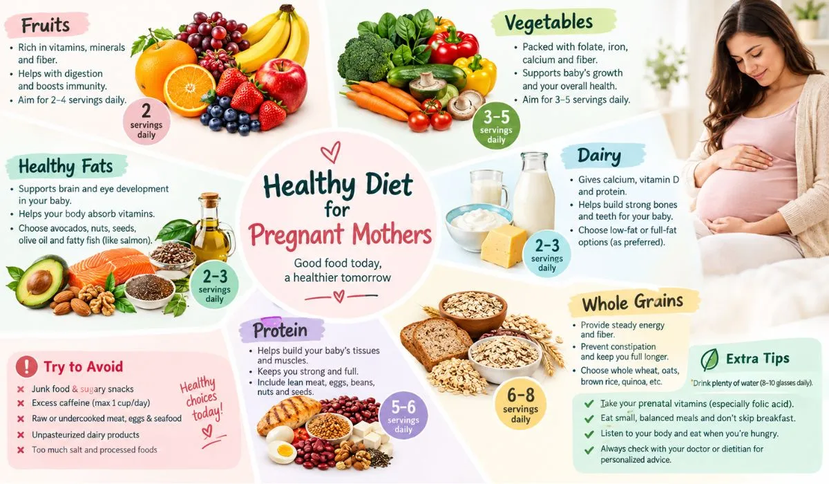 Healthy diet for pregnant mothers with nutritious foods including fruits, vegetables, whole grains, eggs, and dairy products