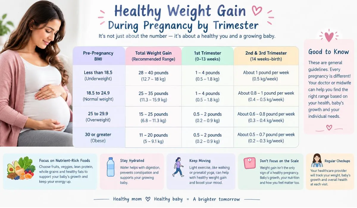 Healthy weight gain during pregnancy by trimester