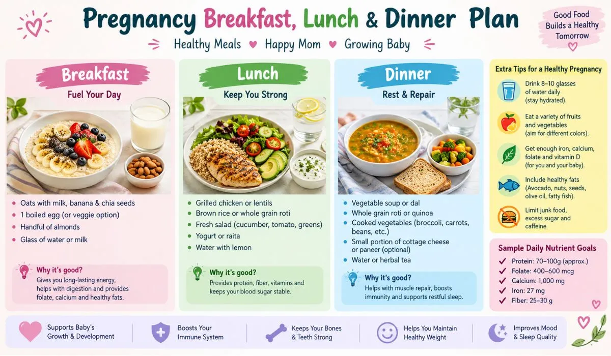Pregnancy breakfast lunch and dinner plan with balanced meal ideas for a busy day