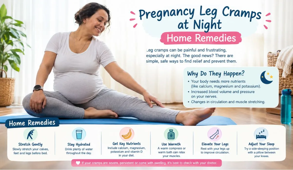 Pregnancy leg cramps at night home remedies, including gentle calf stretches, hydration, and leg massage