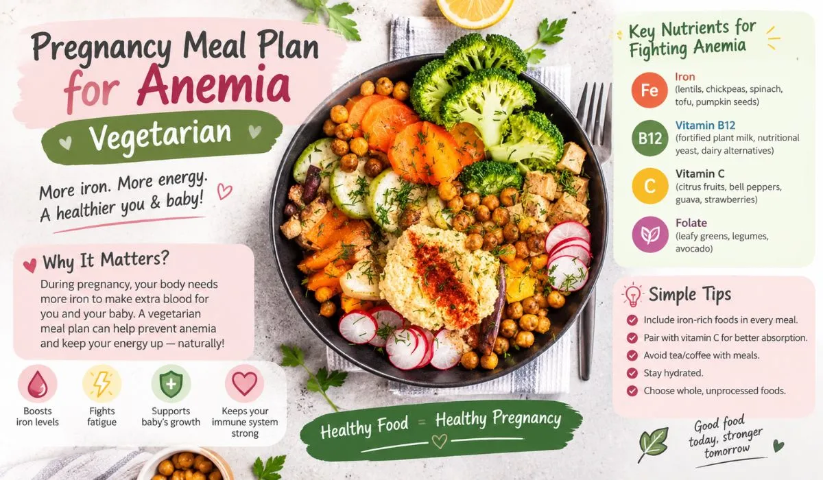 Vegetarian pregnancy meal plan for anemia with chickpeas, leafy greens, vegetables, and iron-rich foods