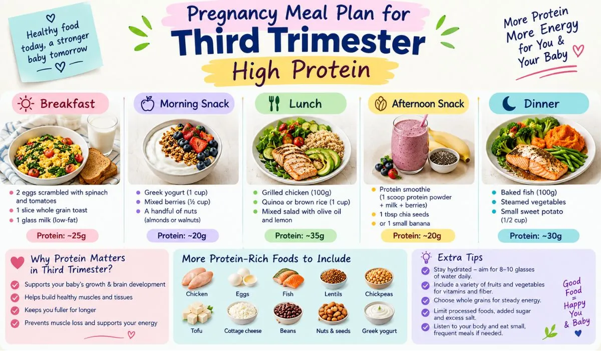 High-protein pregnancy meal plan for the third trimester featuring eggs, Greek yogurt, chicken, salmon, lentils, nuts, and healthy snacks.