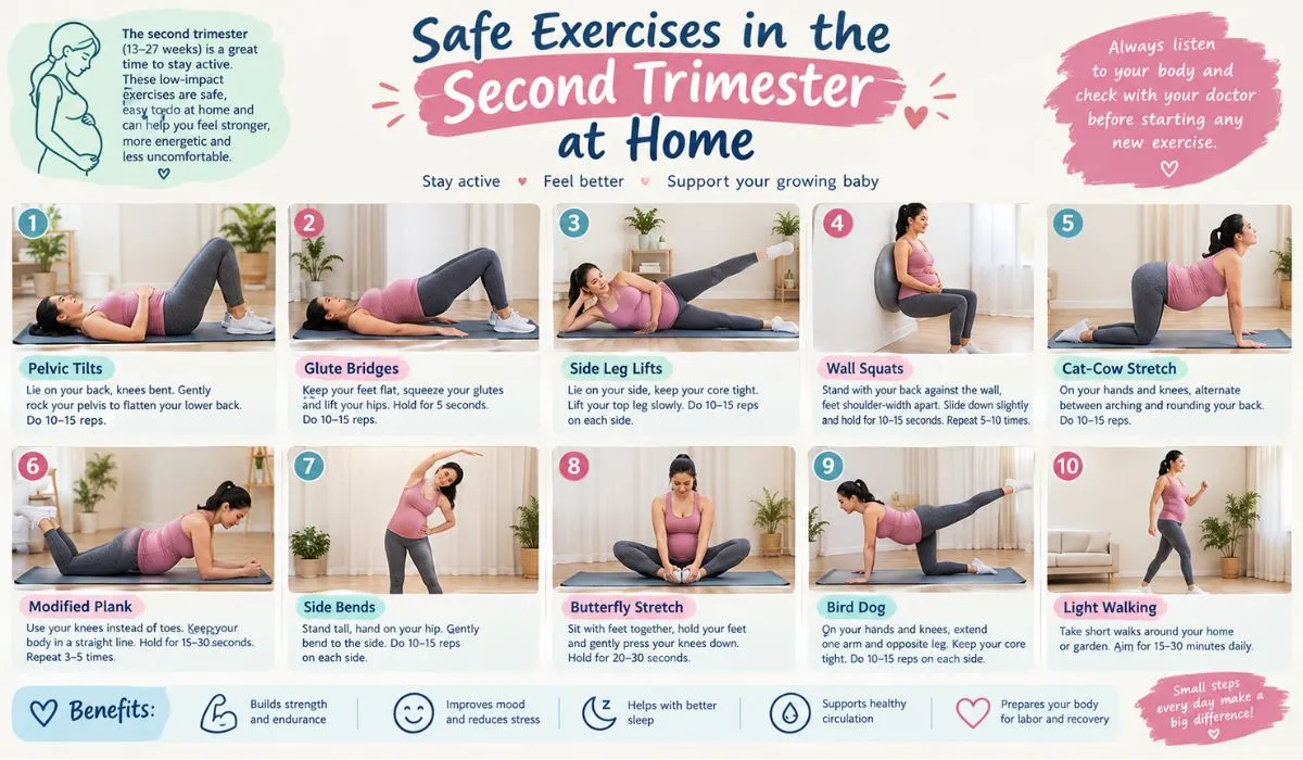 Pregnant woman doing gentle second-trimester exercises at home