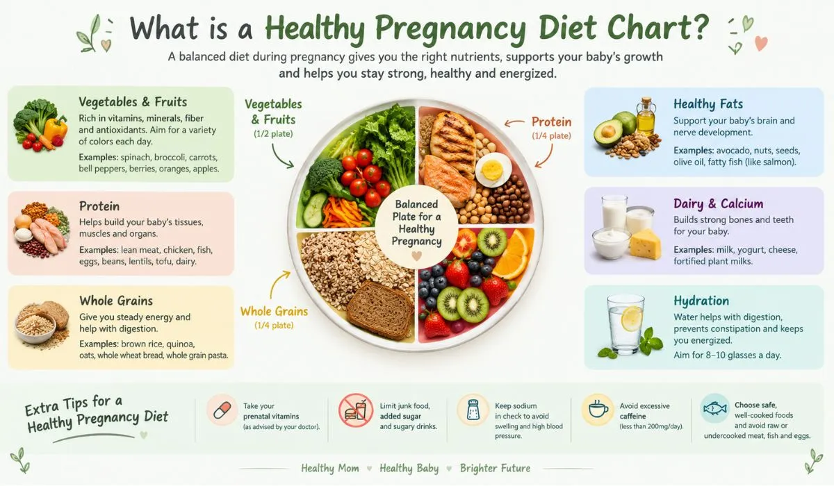 Healthy pregnancy diet chart showing vegetables, fruits, whole grains, protein foods, dairy, healthy fats, and water.