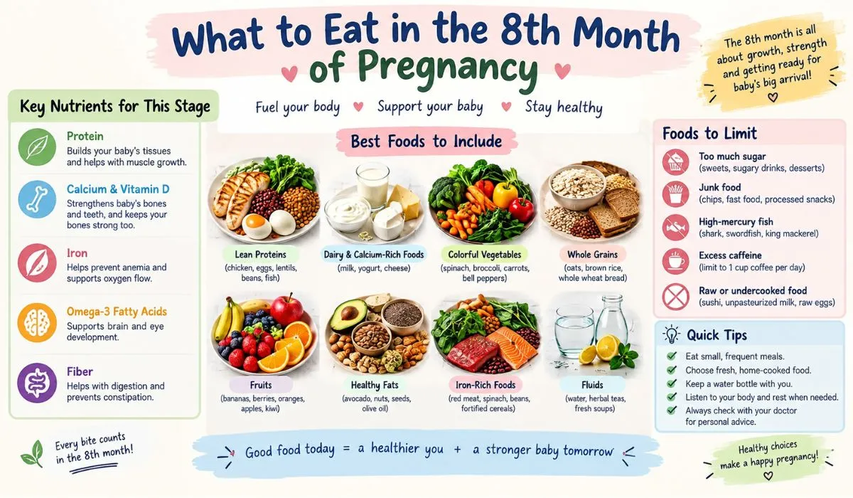 Healthy foods to eat in the 8th month of pregnancy, including eggs, leafy greens, fruits, yogurt, nuts, and whole grains